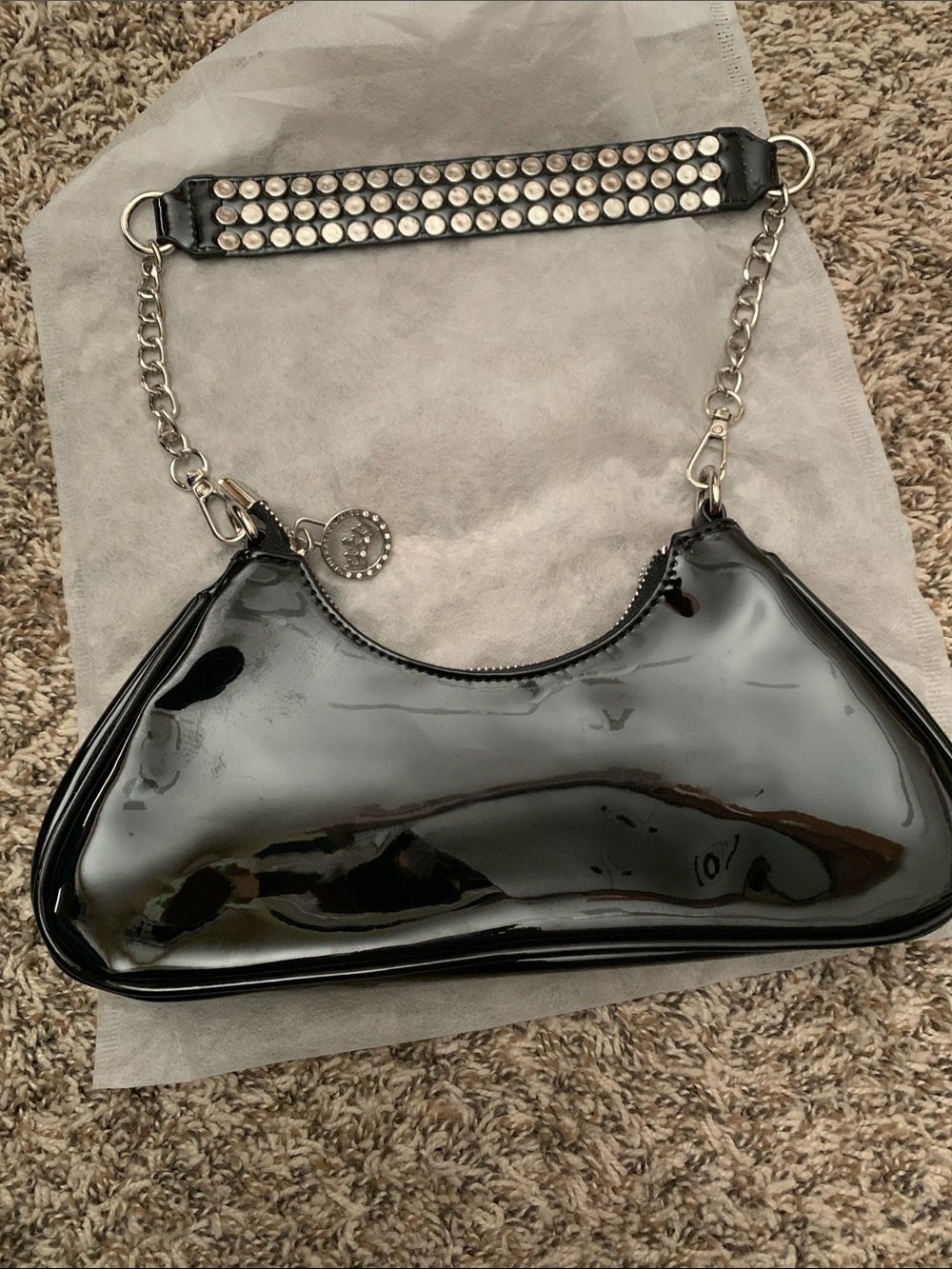 Dolls Kill Generation Kiss Black Patent Shoulder Bag with Studded Strap - Picture 4 of 8